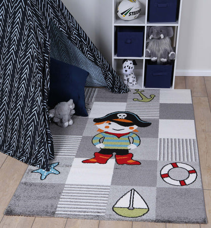 Happy Feet Pirate Party Grey Kids Rug