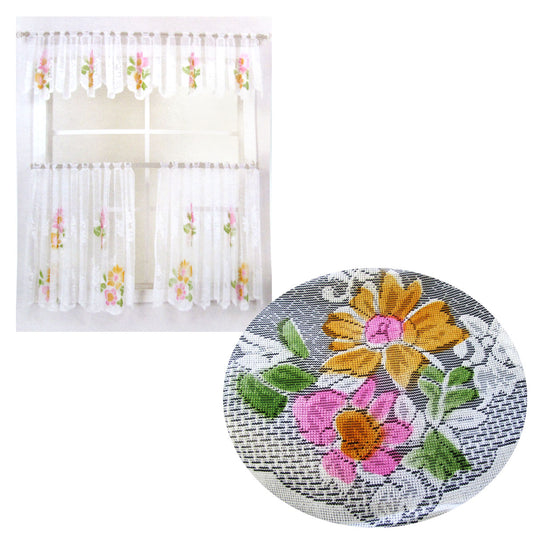 3 Pce Cafe Blooms Lace Kitchen Curtain Set